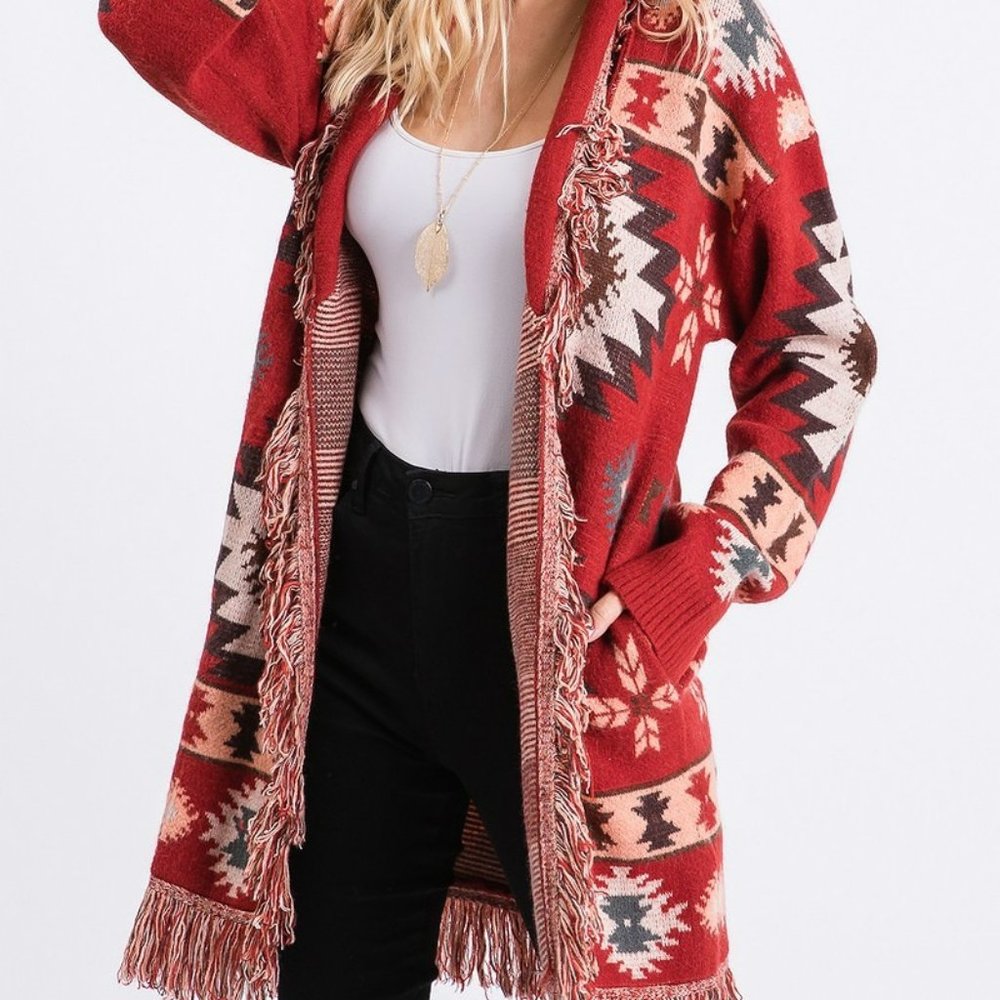 SMALL Oversized Cardigan Aztec Tribal Fringe Detail Soft Comfy Has stretch - Picture 4 of 9